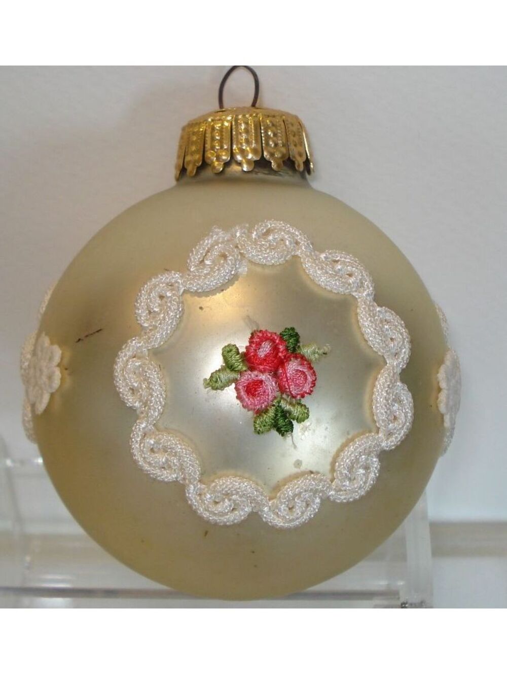 Vintage West Germany German Pearl with Flowers Brocade and Fabric Trim Ornament